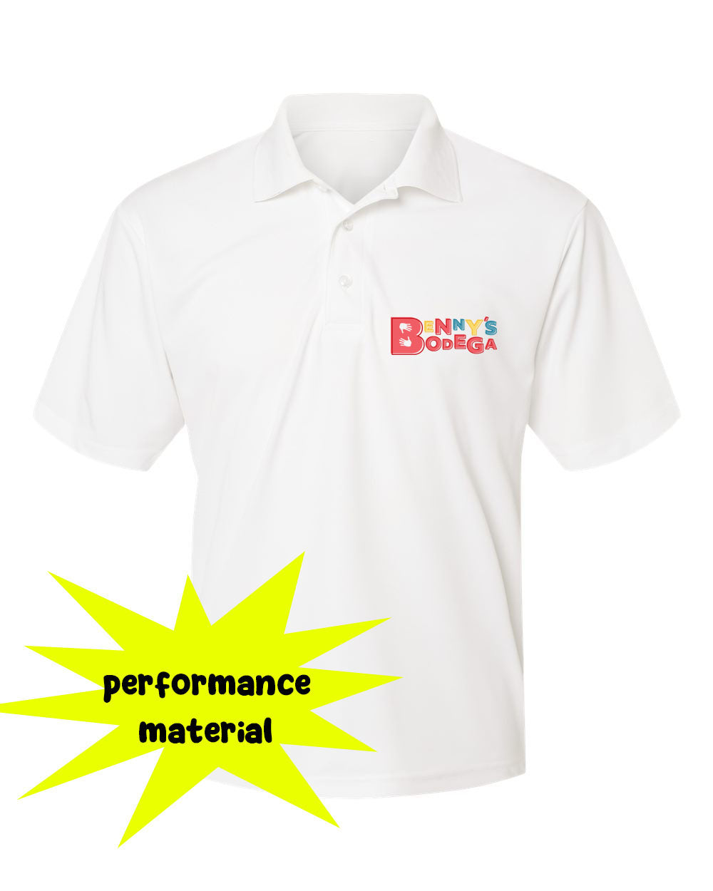 Benny's Bodega Performance Material Polo T-Shirt Design 1