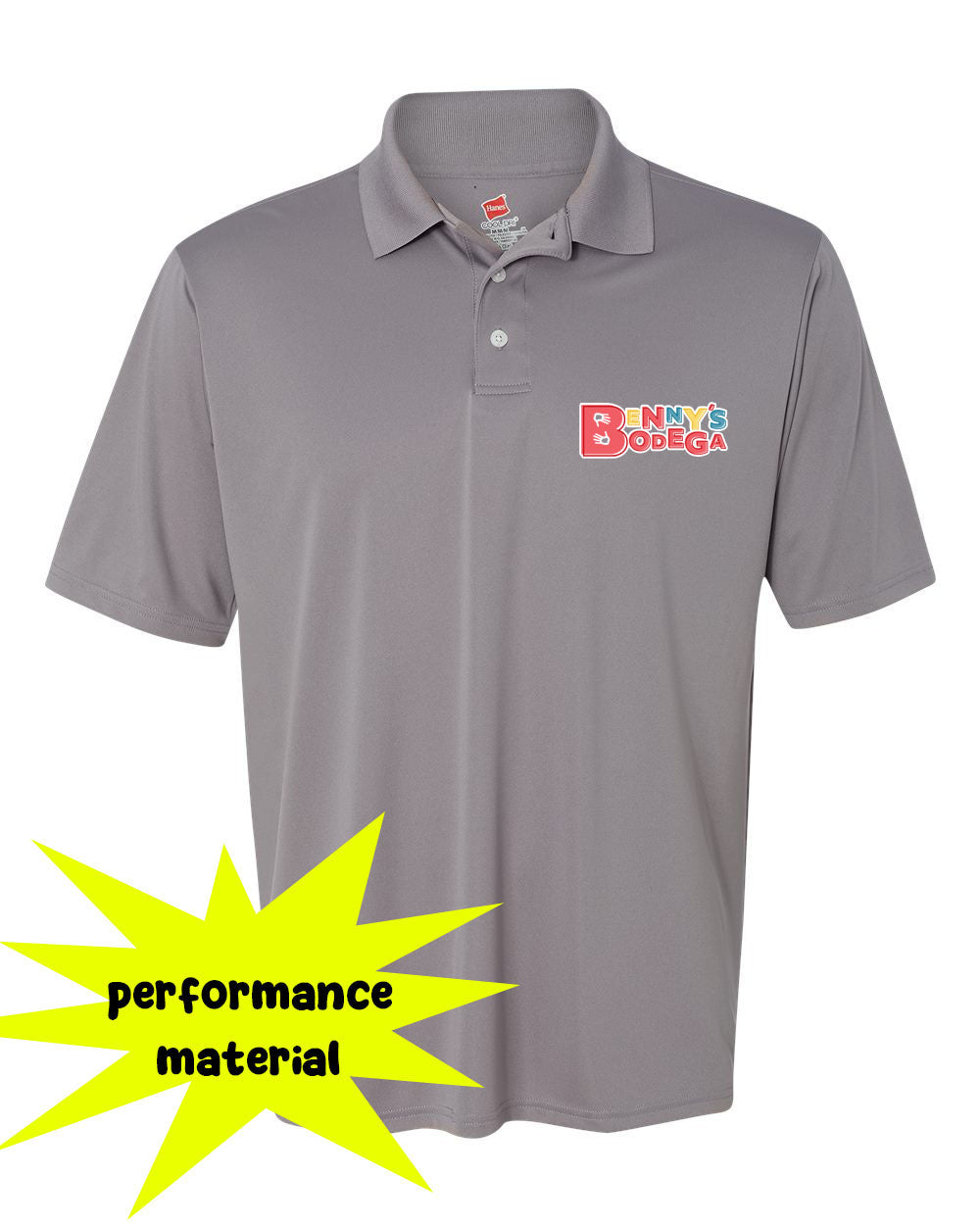 Benny's Bodega Performance Material Polo T-Shirt Design 1