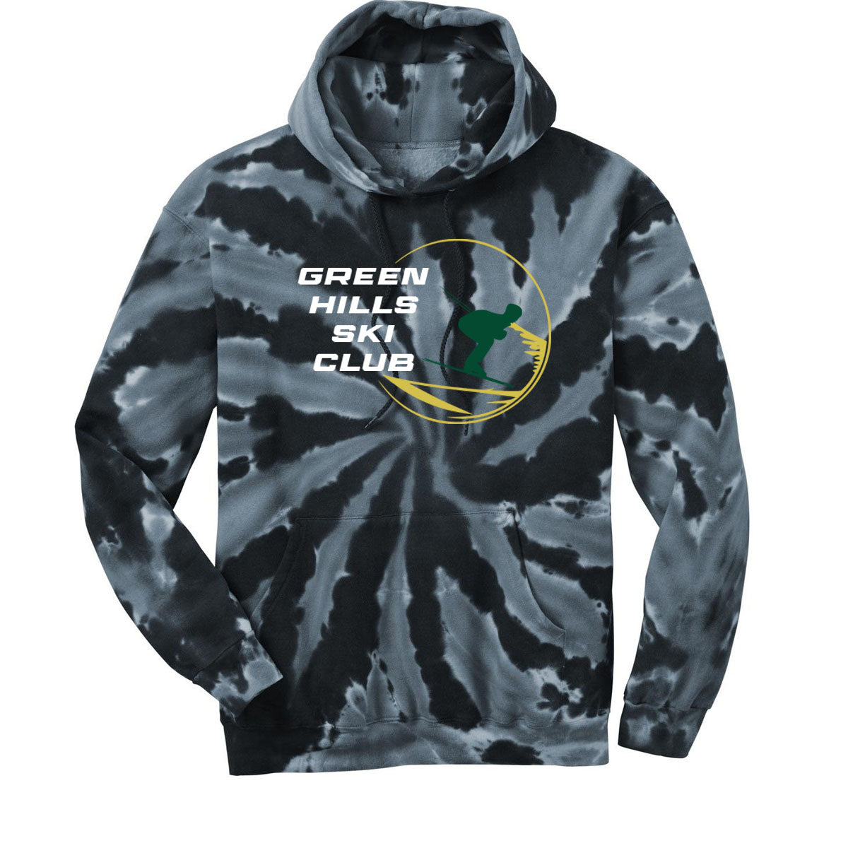 Green Hills Ski Club Tie-Dye Hooded Sweatshirt Design 1