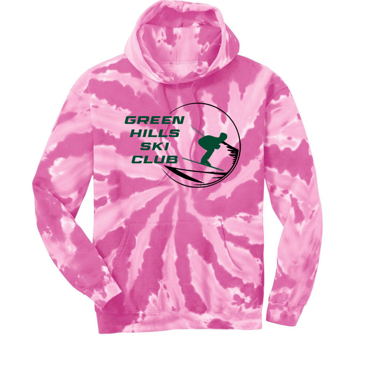 Green Hills Ski Club Tie-Dye Hooded Sweatshirt Design 1