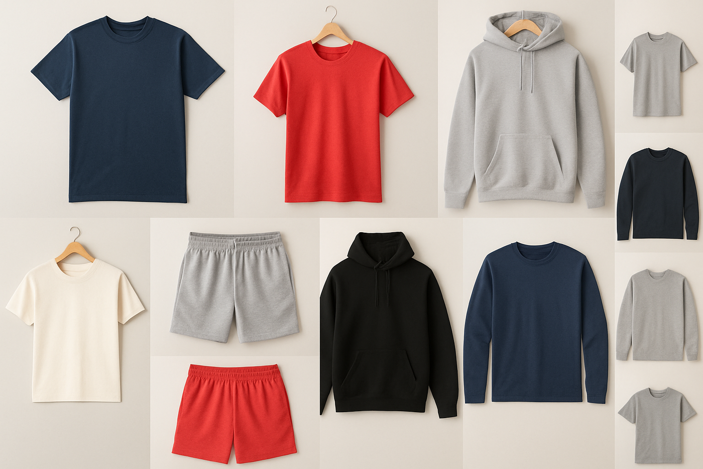generate a square collage with no text . It should include sprit wear t-shirts, hoodies, sweatshirts, shorts etc.