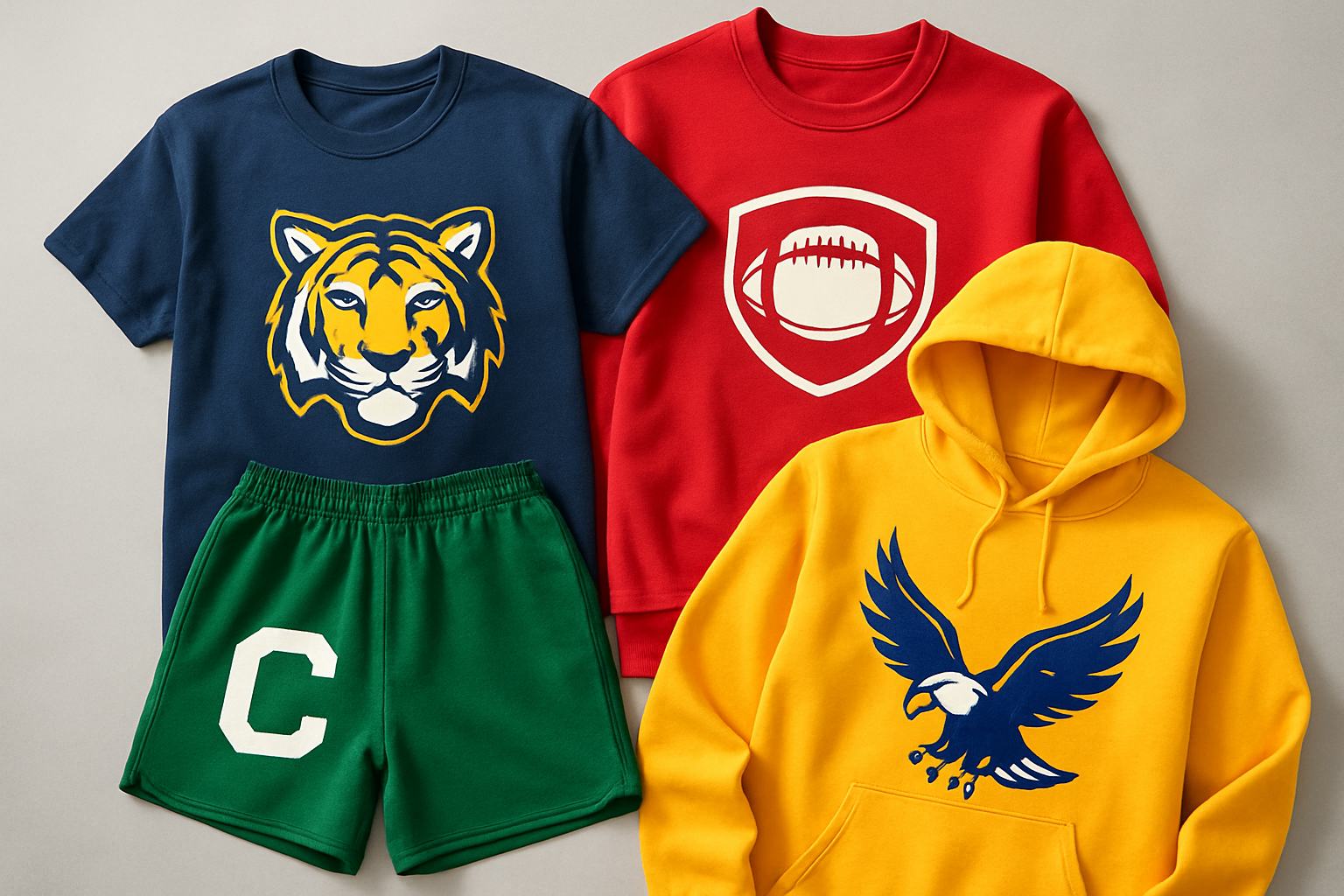 We sell Sprit Wears, custom printed tees, sweartshirts, hoodies, shorts etc for school teams. Please generate a nice image for our homepage slideshow. The image should not include any text. 