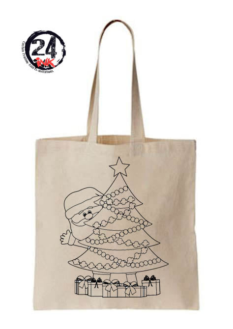 Christmas coloring tote bag, Santa and tree